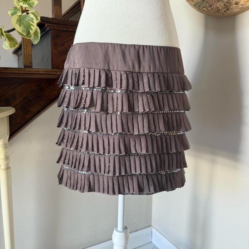 JVN Brown Tiered Mini Skirt with Silver Accents